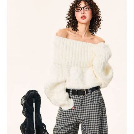 TALKLESSFASHION One size / white YOUNG Encore Red Atmosphere Red Sweater Women's Winter Retro Hot Girl Short One-Shoulder Top