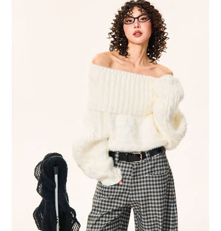 THETLSTUDIO One size / white YOUNG Encore Red Atmosphere Red Sweater Women's Winter Retro Hot Girl Short One-Shoulder Top