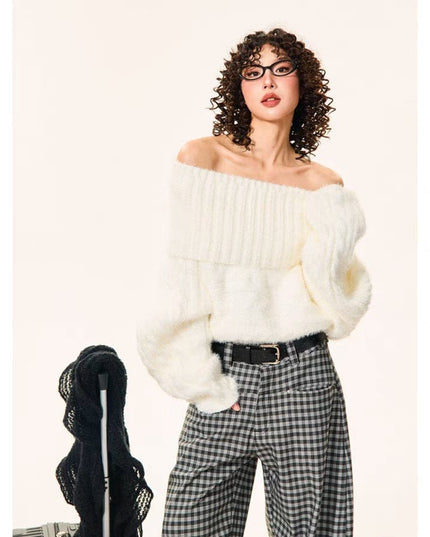 TALKLESSFASHION One size / white YOUNG Encore Red Atmosphere Red Sweater Women's Winter Retro Hot Girl Short One-Shoulder Top