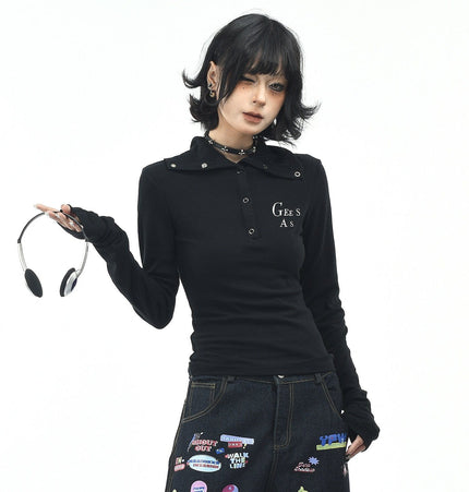 THETLSTUDIO OV original American hot girl half-open lapel long-sleeved T-shirt women's autumn slim straight shoulder short base shirt top trend