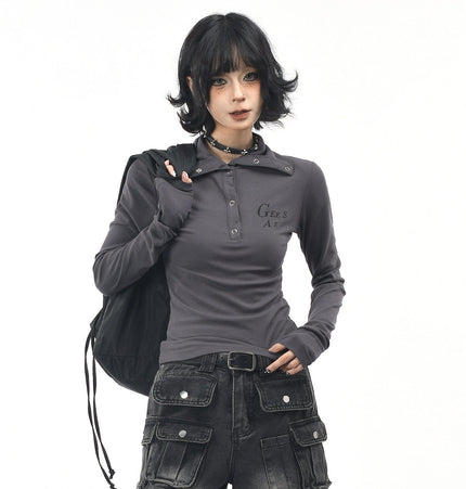 THETLSTUDIO OV original American hot girl half-open lapel long-sleeved T-shirt women's autumn slim straight shoulder short base shirt top trend