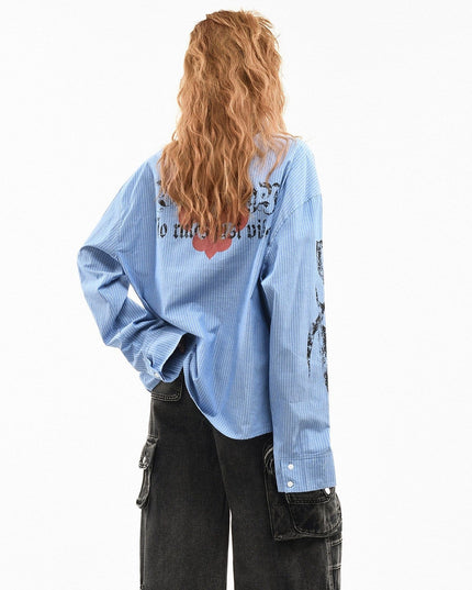 TALKLESSFASHION OV original American letter mottled graffiti long sleeve shirt women's spring loose vertical stripe trendy brand couple top men