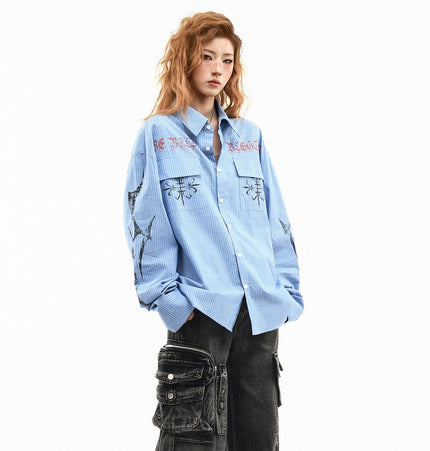 THETLSTUDIO OV original American letter mottled graffiti long sleeve shirt women's spring loose vertical stripe trendy brand couple top men