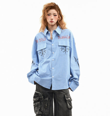 THETLSTUDIO OV original American letter mottled graffiti long sleeve shirt women's spring loose vertical stripe trendy brand couple top men