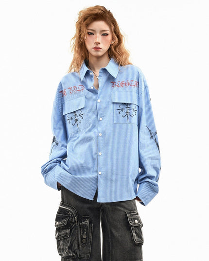 TALKLESSFASHION OV original American letter mottled graffiti long sleeve shirt women's spring loose vertical stripe trendy brand couple top men