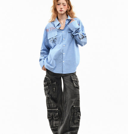 THETLSTUDIO OV original American letter mottled graffiti long sleeve shirt women's spring loose vertical stripe trendy brand couple top men