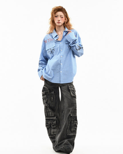 TALKLESSFASHION OV original American letter mottled graffiti long sleeve shirt women's spring loose vertical stripe trendy brand couple top men