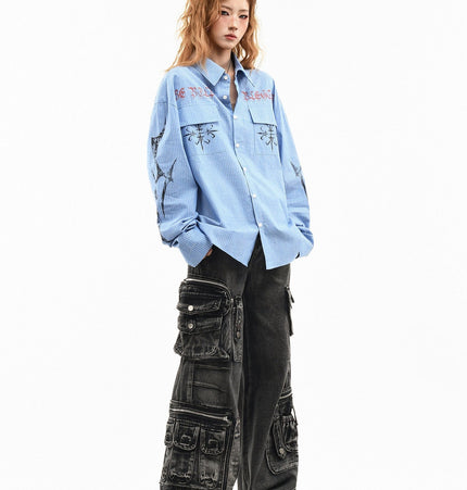 THETLSTUDIO OV original American letter mottled graffiti long sleeve shirt women's spring loose vertical stripe trendy brand couple top men