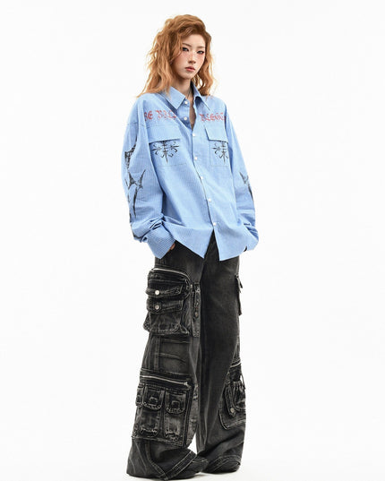 TALKLESSFASHION OV original American letter mottled graffiti long sleeve shirt women's spring loose vertical stripe trendy brand couple top men