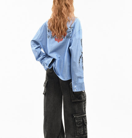 THETLSTUDIO OV original American letter mottled graffiti long sleeve shirt women's spring loose vertical stripe trendy brand couple top men