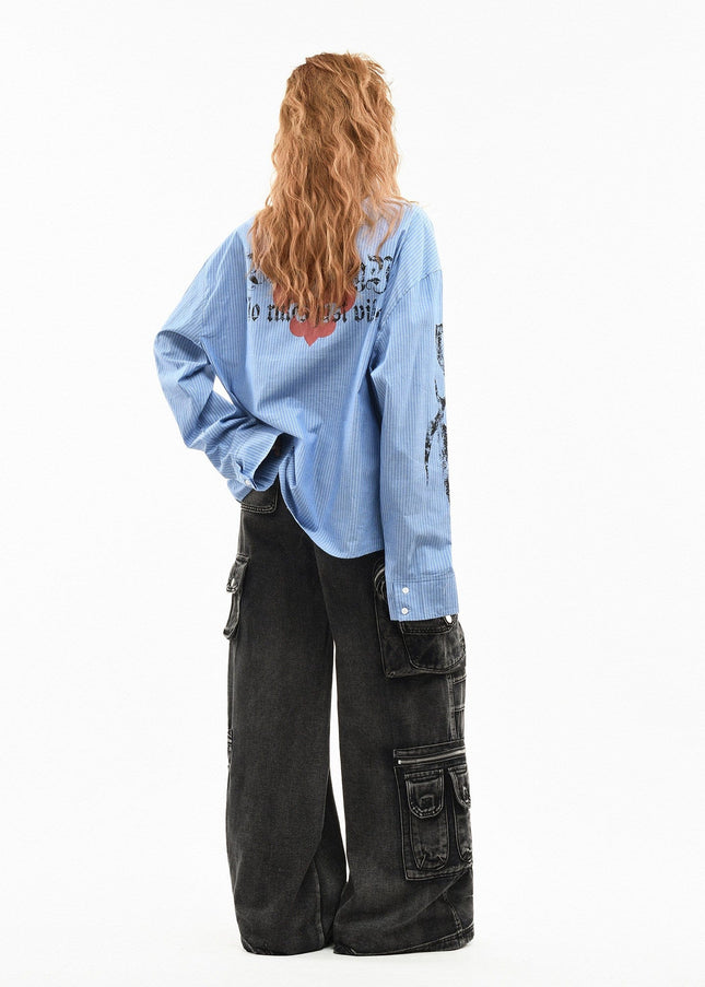 TALKLESSFASHION OV original American letter mottled graffiti long sleeve shirt women's spring loose vertical stripe trendy brand couple top men