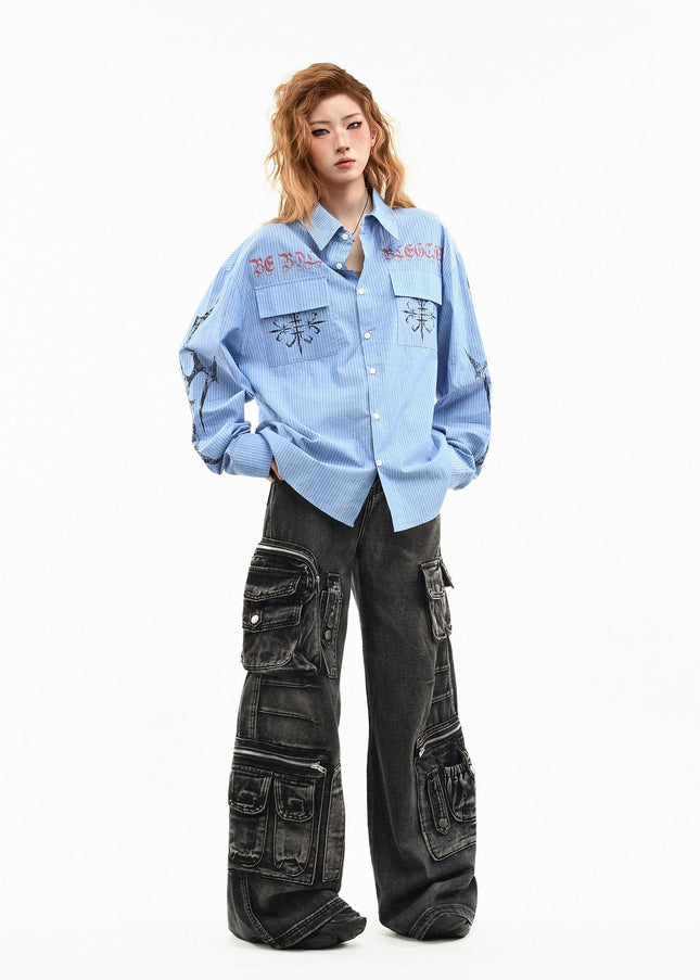 TALKLESSFASHION OV original American letter mottled graffiti long sleeve shirt women's spring loose vertical stripe trendy brand couple top men
