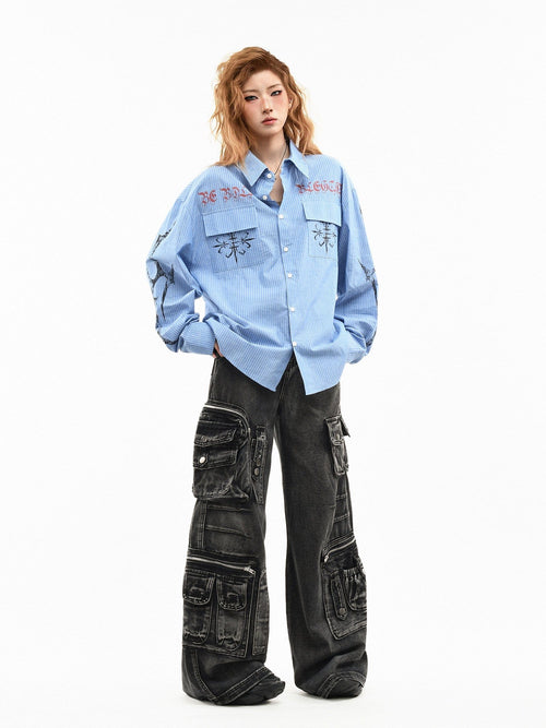 THETLSTUDIO OV original American letter mottled graffiti long sleeve shirt women's spring loose vertical stripe trendy brand couple top men