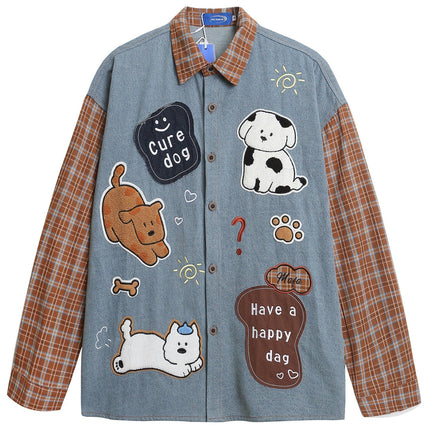 TALKLESSFASHION OV original American plaid patchwork washed denim shirt men's and women's autumn puppy towel embroidered loose long-sleeved shirt