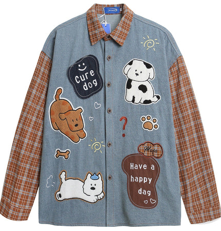 THETLSTUDIO OV original American plaid patchwork washed denim shirt men's and women's autumn puppy towel embroidered loose long-sleeved shirt