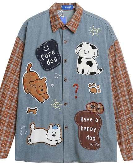 TALKLESSFASHION OV original American plaid patchwork washed denim shirt men's and women's autumn puppy towel embroidered loose long-sleeved shirt