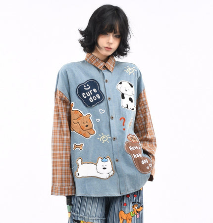 THETLSTUDIO OV original American plaid patchwork washed denim shirt men's and women's autumn puppy towel embroidered loose long-sleeved shirt