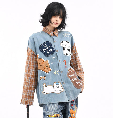 THETLSTUDIO OV original American plaid patchwork washed denim shirt men's and women's autumn puppy towel embroidered loose long-sleeved shirt