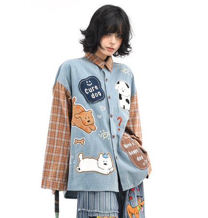 THETLSTUDIO OV original American plaid patchwork washed denim shirt men's and women's autumn puppy towel embroidered loose long-sleeved shirt