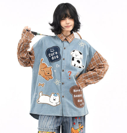 THETLSTUDIO OV original American plaid patchwork washed denim shirt men's and women's autumn puppy towel embroidered loose long-sleeved shirt