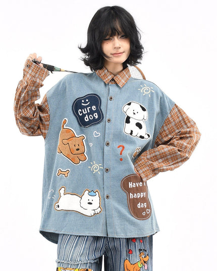 TALKLESSFASHION OV original American plaid patchwork washed denim shirt men's and women's autumn puppy towel embroidered loose long-sleeved shirt