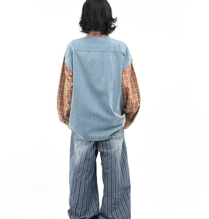THETLSTUDIO OV original American plaid patchwork washed denim shirt men's and women's autumn puppy towel embroidered loose long-sleeved shirt