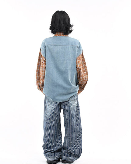 TALKLESSFASHION OV original American plaid patchwork washed denim shirt men's and women's autumn puppy towel embroidered loose long-sleeved shirt