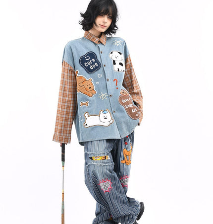 THETLSTUDIO OV original American plaid patchwork washed denim shirt men's and women's autumn puppy towel embroidered loose long-sleeved shirt