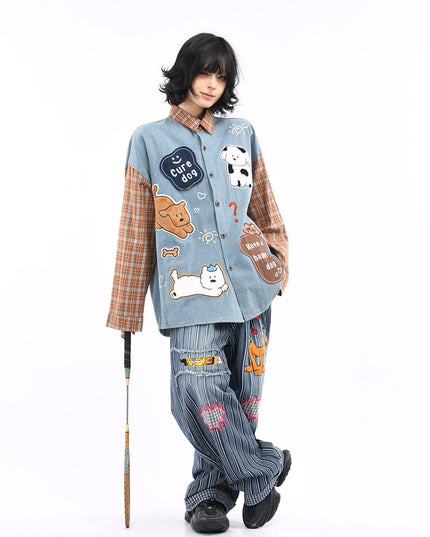 TALKLESSFASHION OV original American plaid patchwork washed denim shirt men's and women's autumn puppy towel embroidered loose long-sleeved shirt