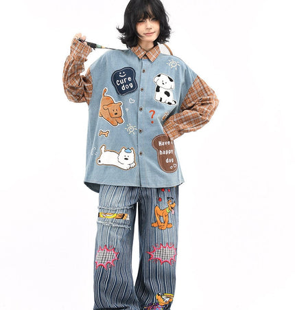THETLSTUDIO OV original American plaid patchwork washed denim shirt men's and women's autumn puppy towel embroidered loose long-sleeved shirt