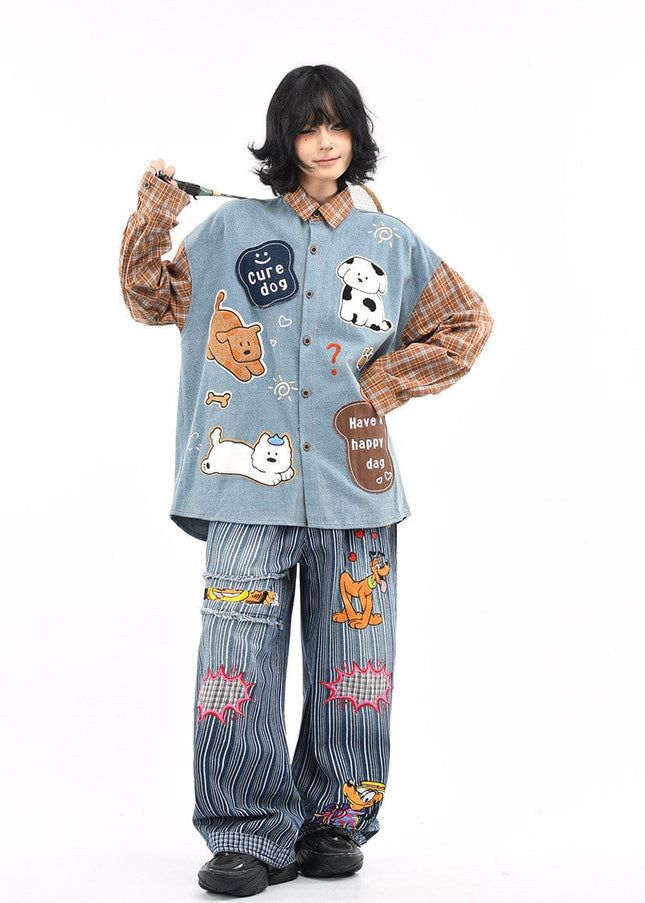 TALKLESSFASHION OV original American plaid patchwork washed denim shirt men's and women's autumn puppy towel embroidered loose long-sleeved shirt