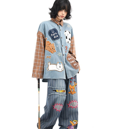 THETLSTUDIO OV original American plaid patchwork washed denim shirt men's and women's autumn puppy towel embroidered loose long-sleeved shirt