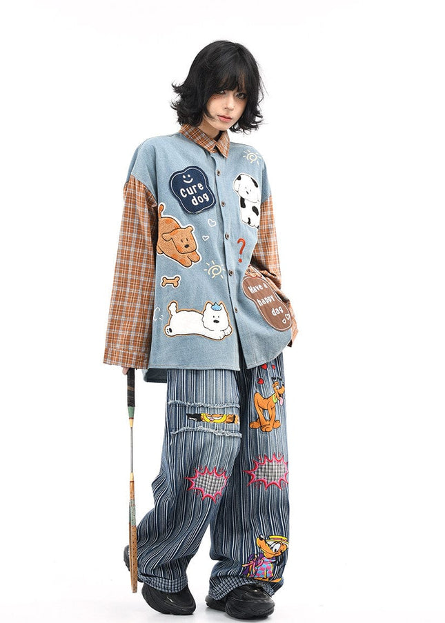 TALKLESSFASHION OV original American plaid patchwork washed denim shirt men's and women's autumn puppy towel embroidered loose long-sleeved shirt