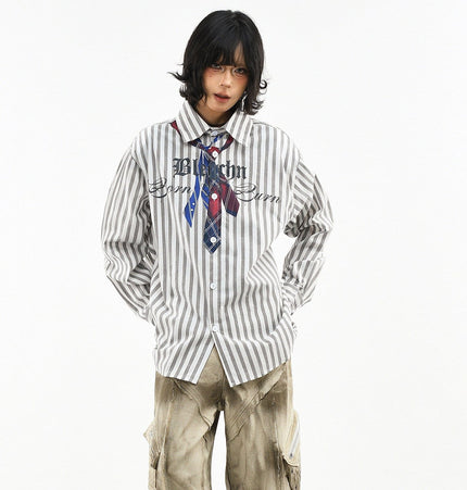 THETLSTUDIO OV original American preppy vertical stripe tie print long sleeve shirt women's spring loose midi shirt men
