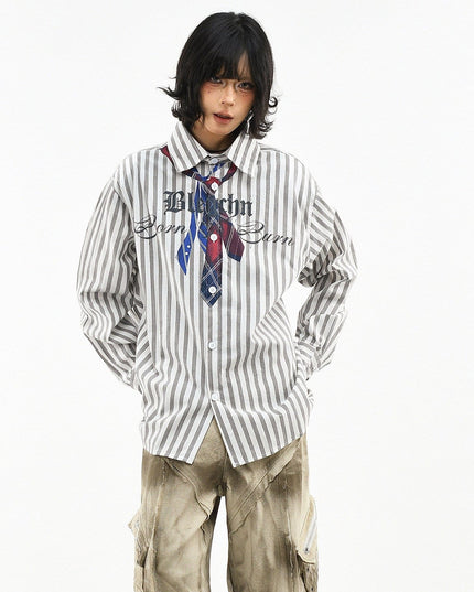 TALKLESSFASHION OV original American preppy vertical stripe tie print long sleeve shirt women's spring loose midi shirt men