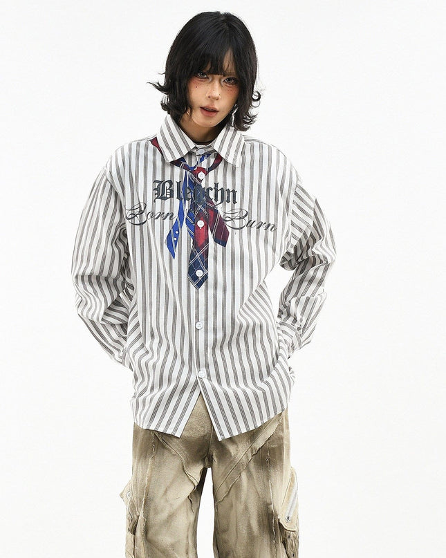 TALKLESSFASHION OV original American preppy vertical stripe tie print long sleeve shirt women's spring loose midi shirt men