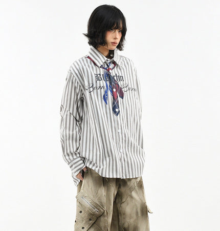 THETLSTUDIO OV original American preppy vertical stripe tie print long sleeve shirt women's spring loose midi shirt men