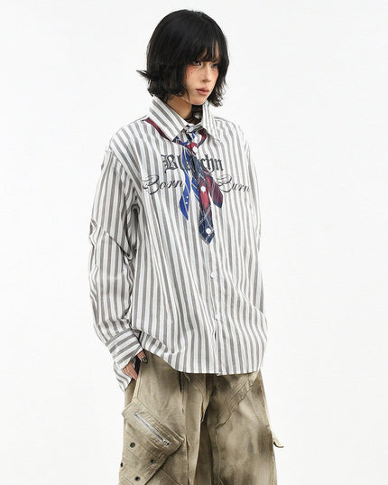 TALKLESSFASHION OV original American preppy vertical stripe tie print long sleeve shirt women's spring loose midi shirt men