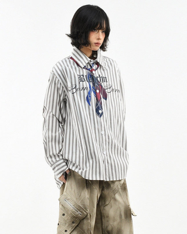 TALKLESSFASHION OV original American preppy vertical stripe tie print long sleeve shirt women's spring loose midi shirt men