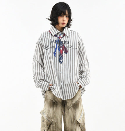 THETLSTUDIO OV original American preppy vertical stripe tie print long sleeve shirt women's spring loose midi shirt men