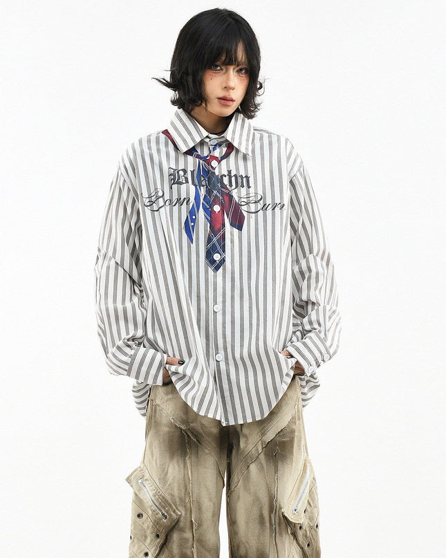 TALKLESSFASHION OV original American preppy vertical stripe tie print long sleeve shirt women's spring loose midi shirt men