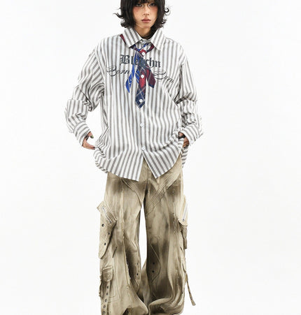 THETLSTUDIO OV original American preppy vertical stripe tie print long sleeve shirt women's spring loose midi shirt men