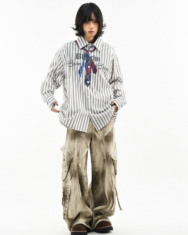 TALKLESSFASHION OV original American preppy vertical stripe tie print long sleeve shirt women's spring loose midi shirt men