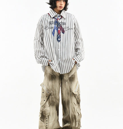 THETLSTUDIO OV original American preppy vertical stripe tie print long sleeve shirt women's spring loose midi shirt men