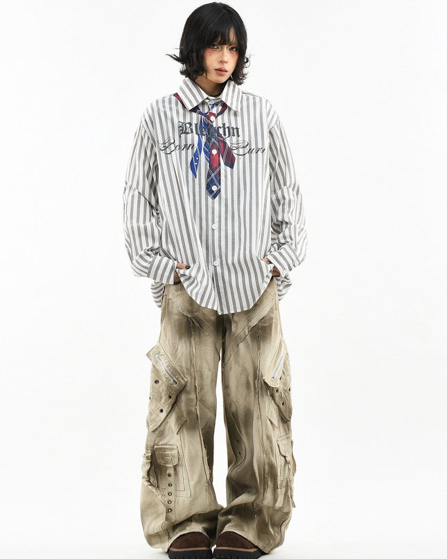 TALKLESSFASHION OV original American preppy vertical stripe tie print long sleeve shirt women's spring loose midi shirt men