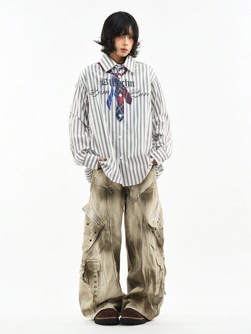 THETLSTUDIO OV original American preppy vertical stripe tie print long sleeve shirt women's spring loose midi shirt men