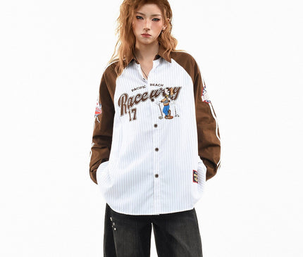 TALKLESSFASHION OV original American stripe contrast patchwork couple long sleeve shirt women's spring preppy style loose lapel shirt men