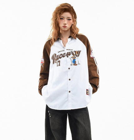 THETLSTUDIO OV original American stripe contrast patchwork couple long sleeve shirt women's spring preppy style loose lapel shirt men