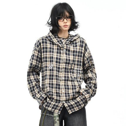 TALKLESSFASHION OV original American vintage plaid casual hooded shirt jacket men's and women's fall loose couple long sleeve shirt tide