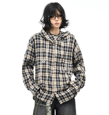 THETLSTUDIO OV original American vintage plaid casual hooded shirt jacket men's and women's fall loose couple long sleeve shirt tide